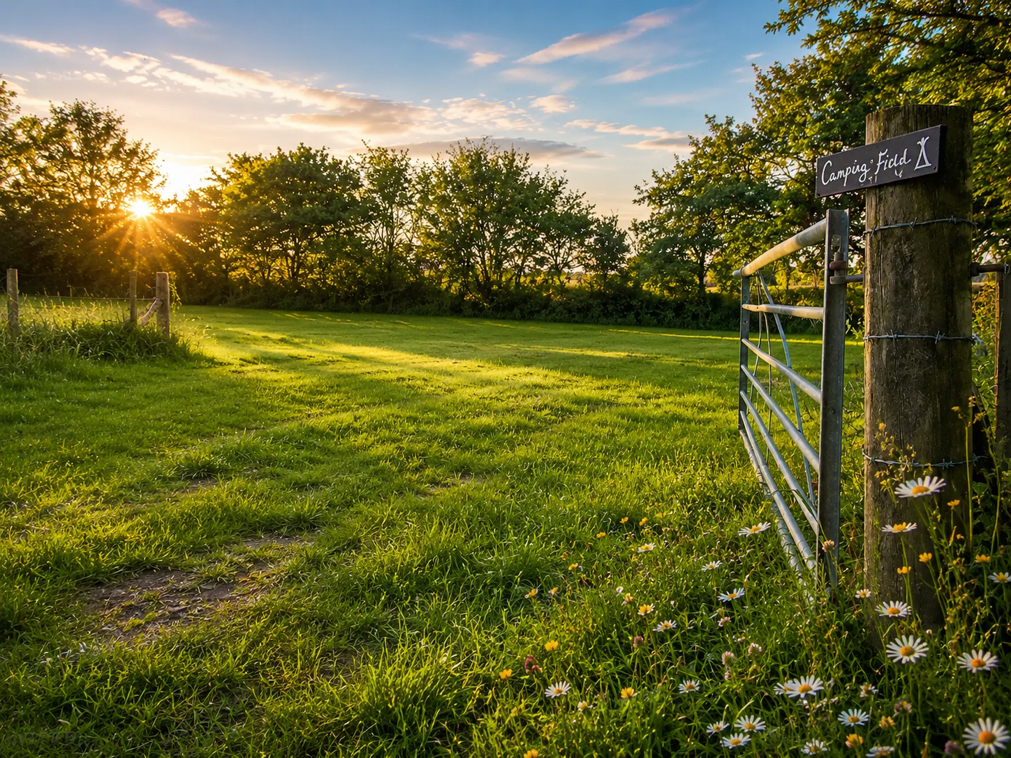Tor Cefn campsite at sunset in the Carmarthenshire countryside