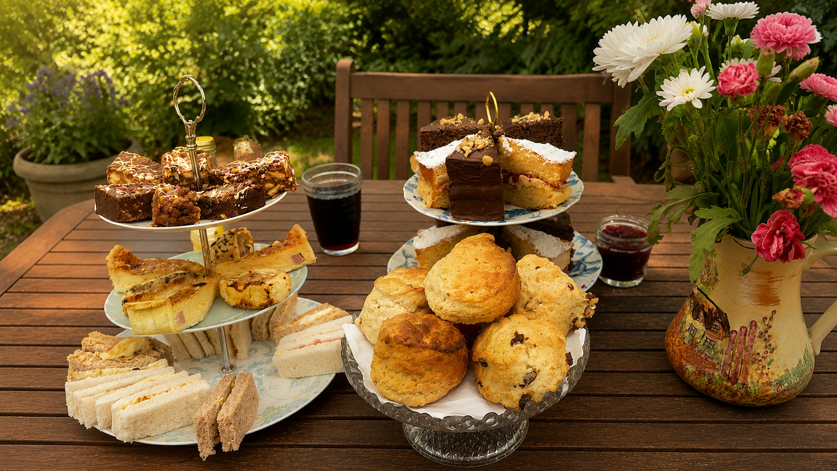 Pot of tea and homemade cakes on a wooden table at Tor Cefn